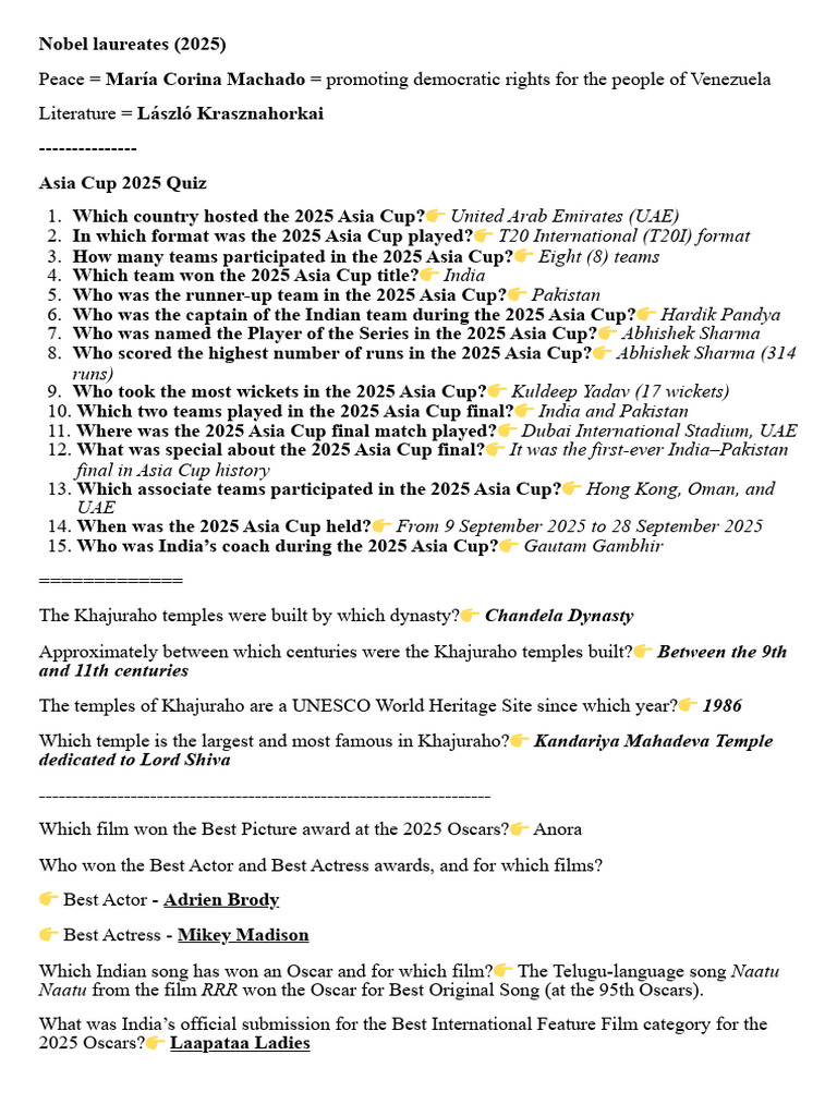 Asia Cup 2025 Quiz Questions | PDF | Cricket | International Cricket ...