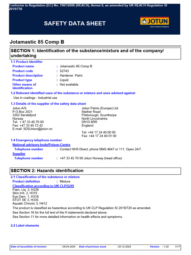 Jotamastic 85 Comp B Safety Data Sheet | PDF | Chemistry