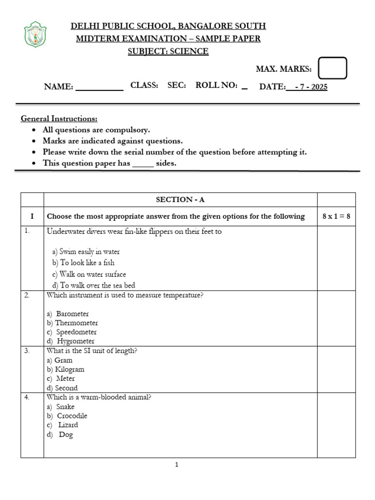 Science Sample Paper for Midterm Exam | PDF | Thermometer | Temperature