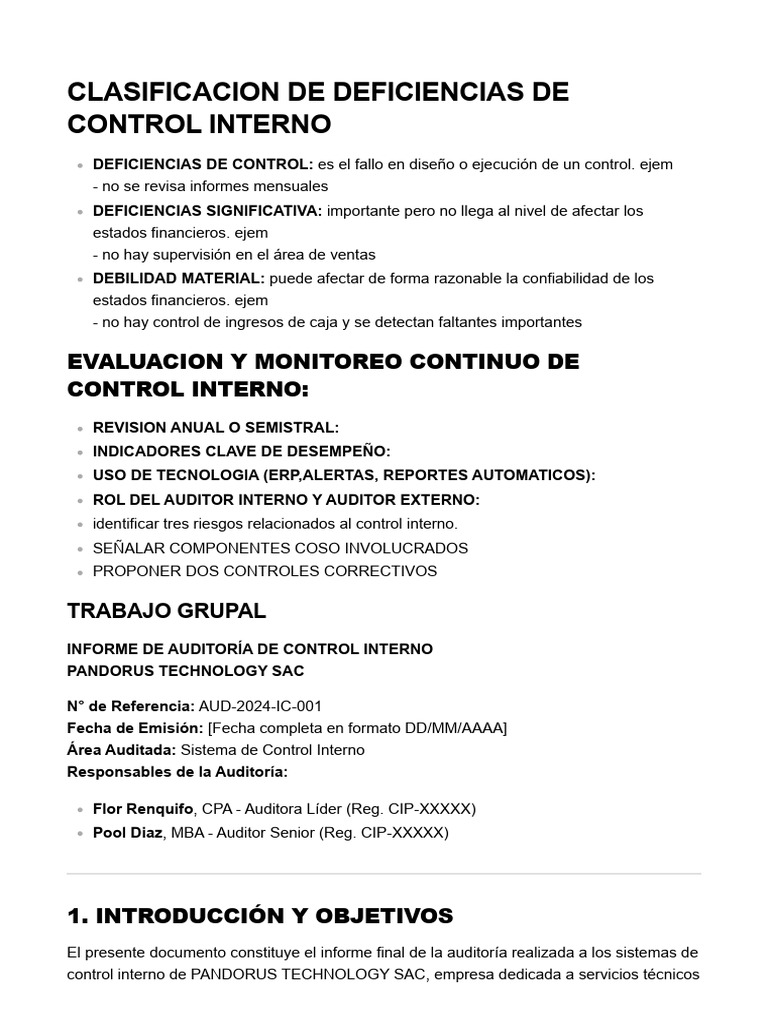 Informe de Auditoría: Control Interno en Pandorus | PDF | Auditoría ...