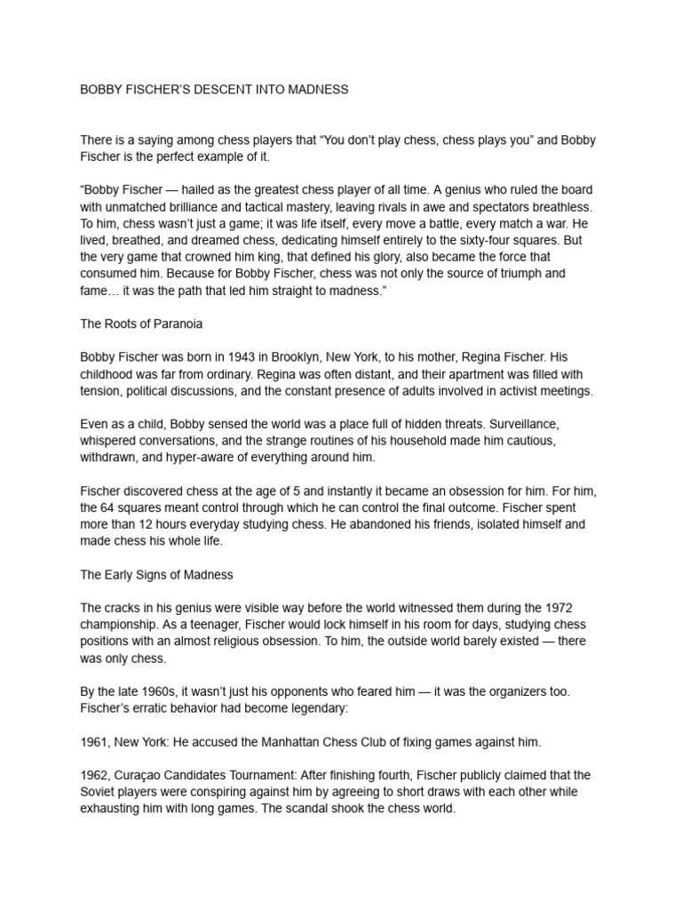 Bobby Fischer's Descent Into Madness PDF Chess