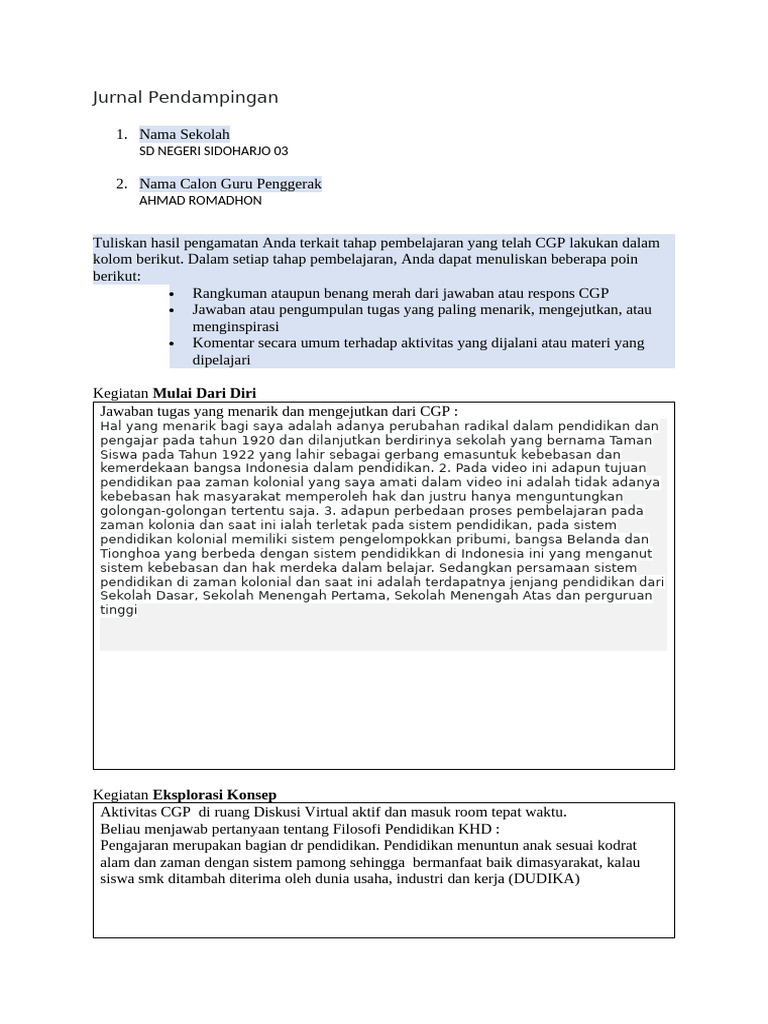 Jurnal Pendampingan CGP di SD Sidoharjo | PDF