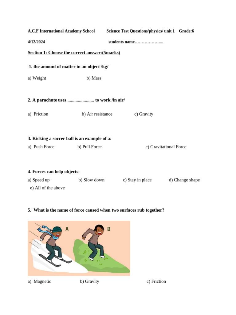 Grade 6 Physics Test Questions | PDF
