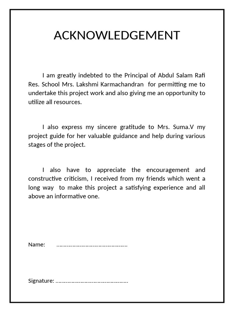 Acknowledgements for Project Work | PDF