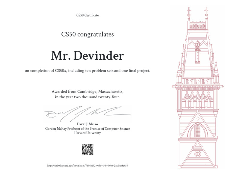 CS50x Completion Certificate for Devinder | PDF