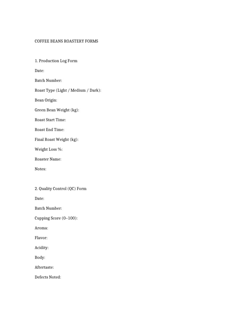 Coffee Roastery Forms and Checklists | PDF