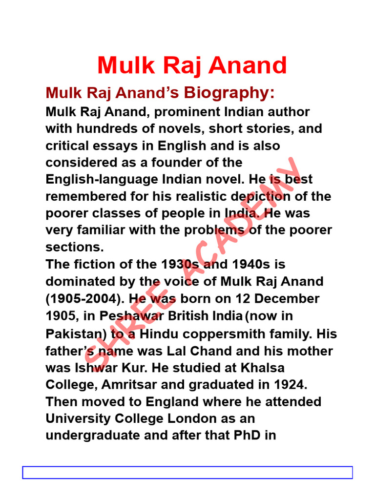Mulk Raj Anand Biography & Literary Works | PDF