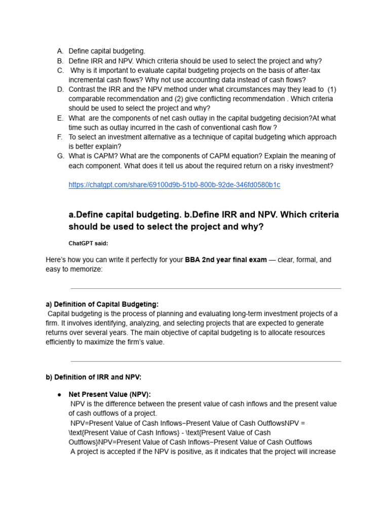 Capital Budgeting: NPV vs IRR Explained | PDF | Capital Budgeting | Net ...