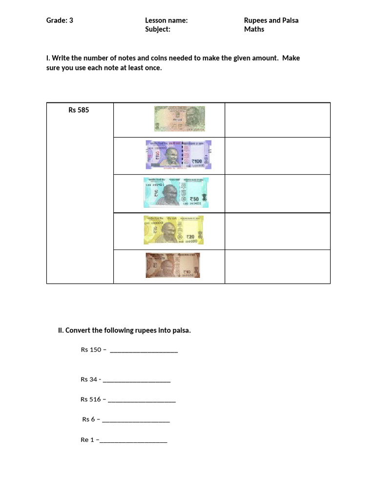 Rupees and Paisa Math Lesson for Grade 3 | PDF