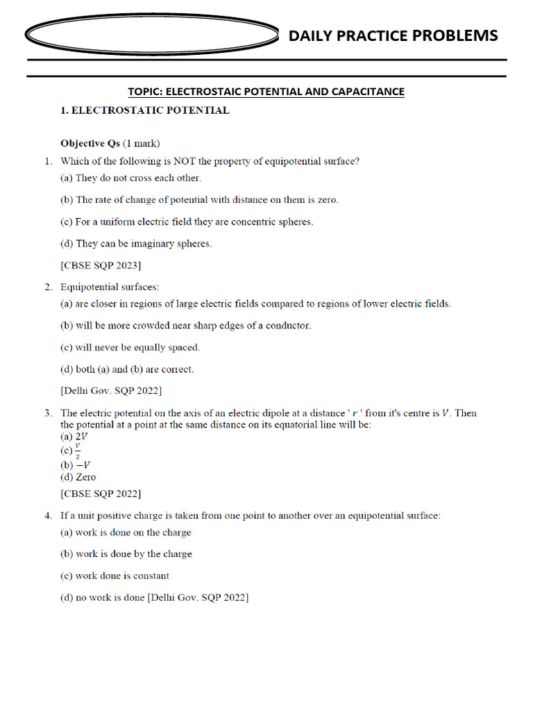 DPP 1 Electrosstatic Potential and Capacitance | PDF