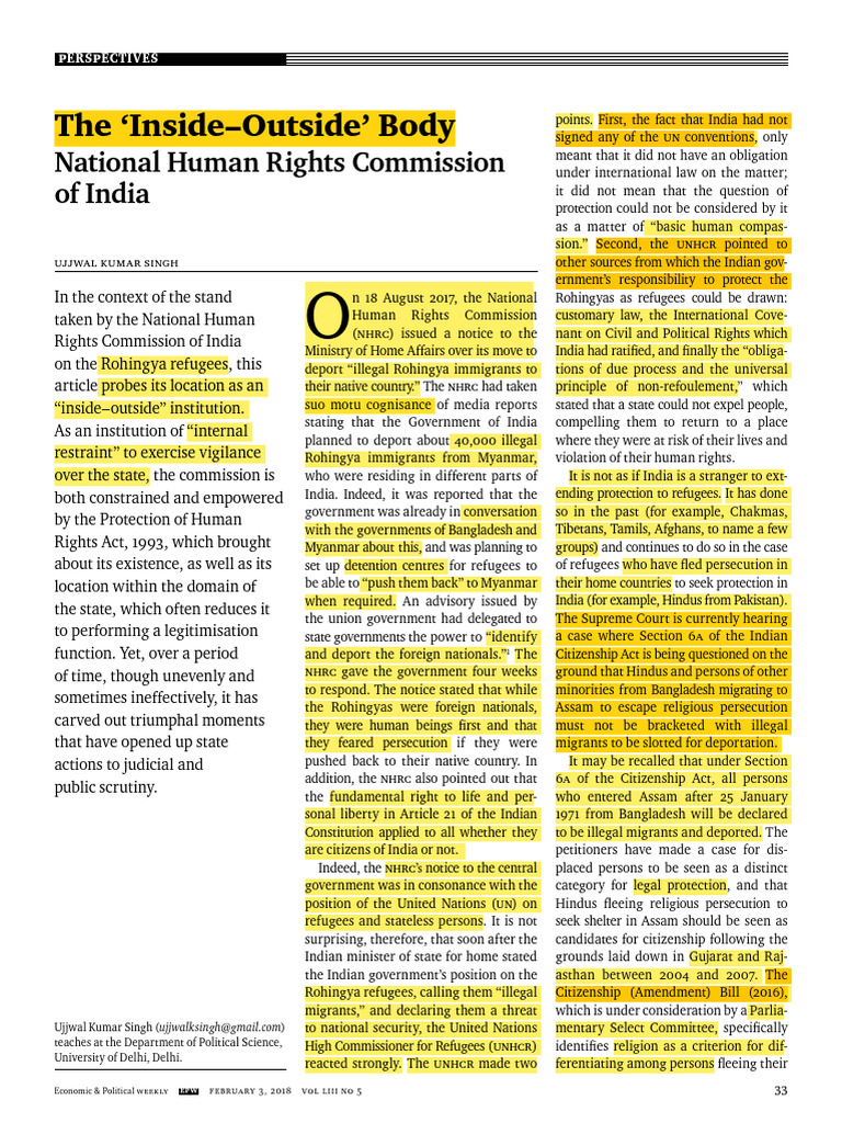 NHRC's Role in Rohingya Refugee Debate | PDF | Justice | Crime & Violence