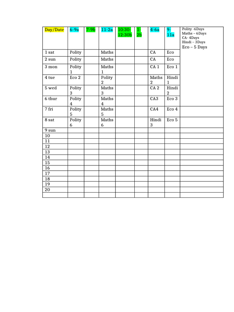Study Schedule for Subjects and Days | PDF