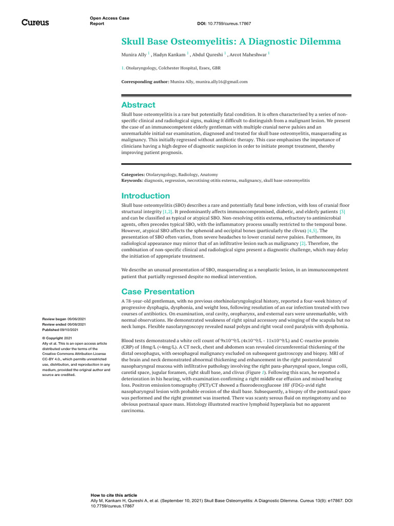 Skull Base Osteomyelitis Case Study | PDF | Skull | Diseases And Disorders