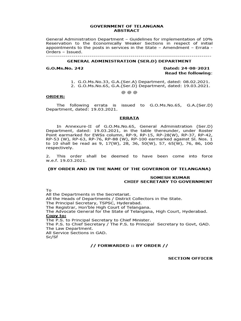 Telangana EWS Reservation Guidelines Update | PDF