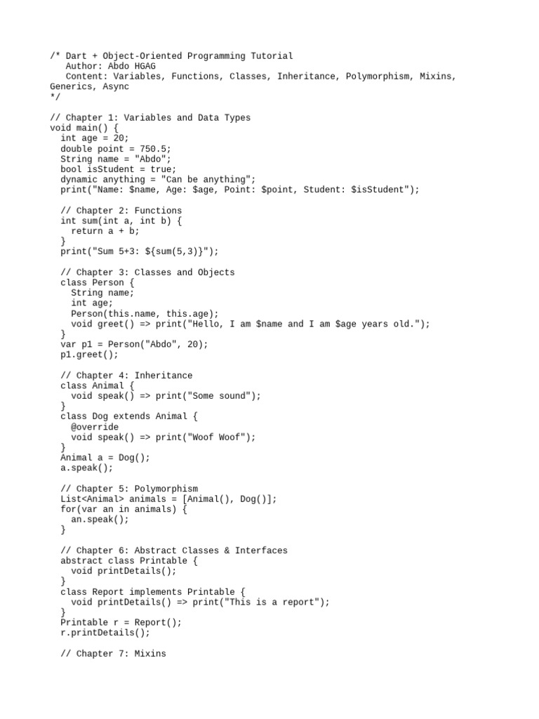 Dart OOP Tutorial: Basics to Advanced | PDF