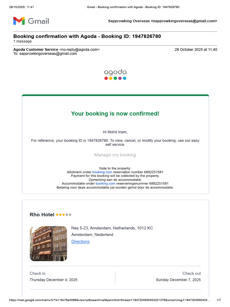 Agoda Booking Confirmation: ID 1947826780 | PDF