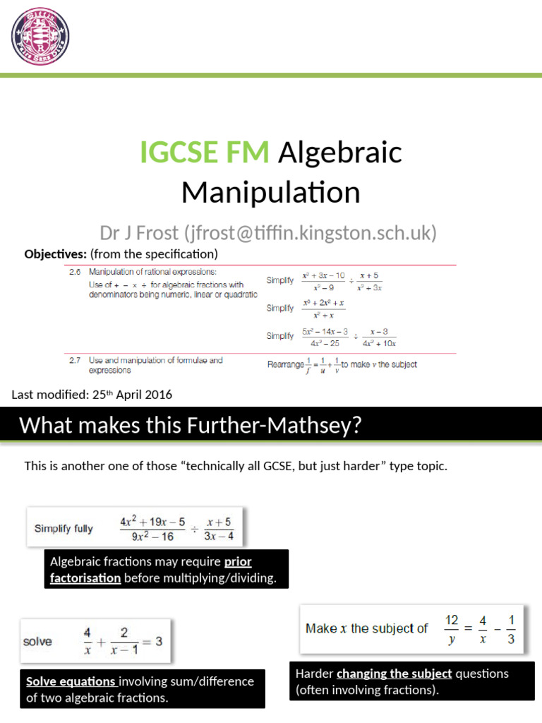 IGCSE Further Maths Algebra Guide | PDF | Factorization | Mathematical ...