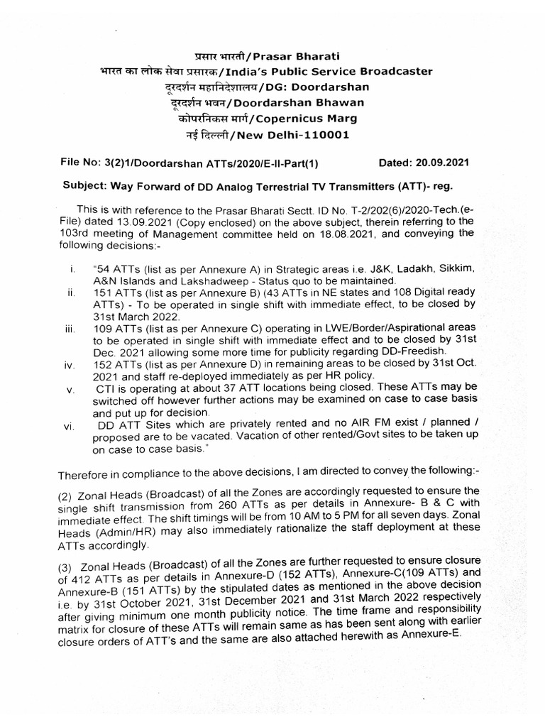 Prasar Bharati's ATT Closure Plan | PDF | Telecommunications ...