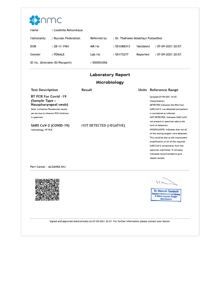 COVID-19 RT PCR Test Result for Liudmila | PDF | Polymerase Chain ...