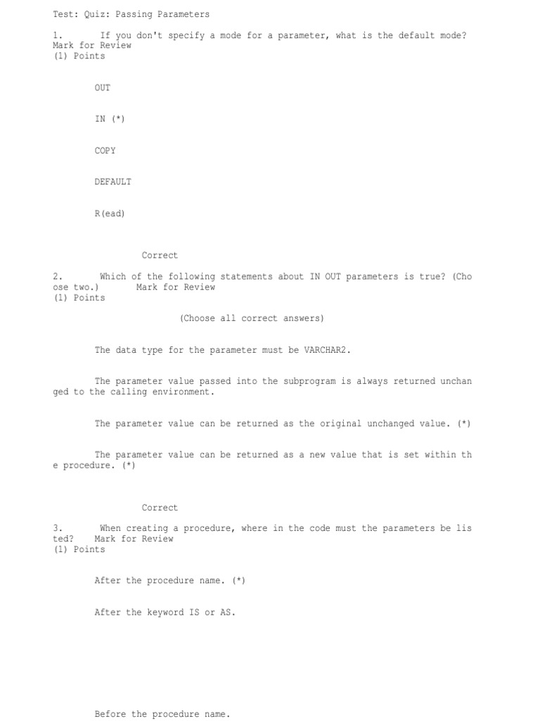 Passing Parameters in Procedures Quiz | PDF | Parameter (Computer ...
