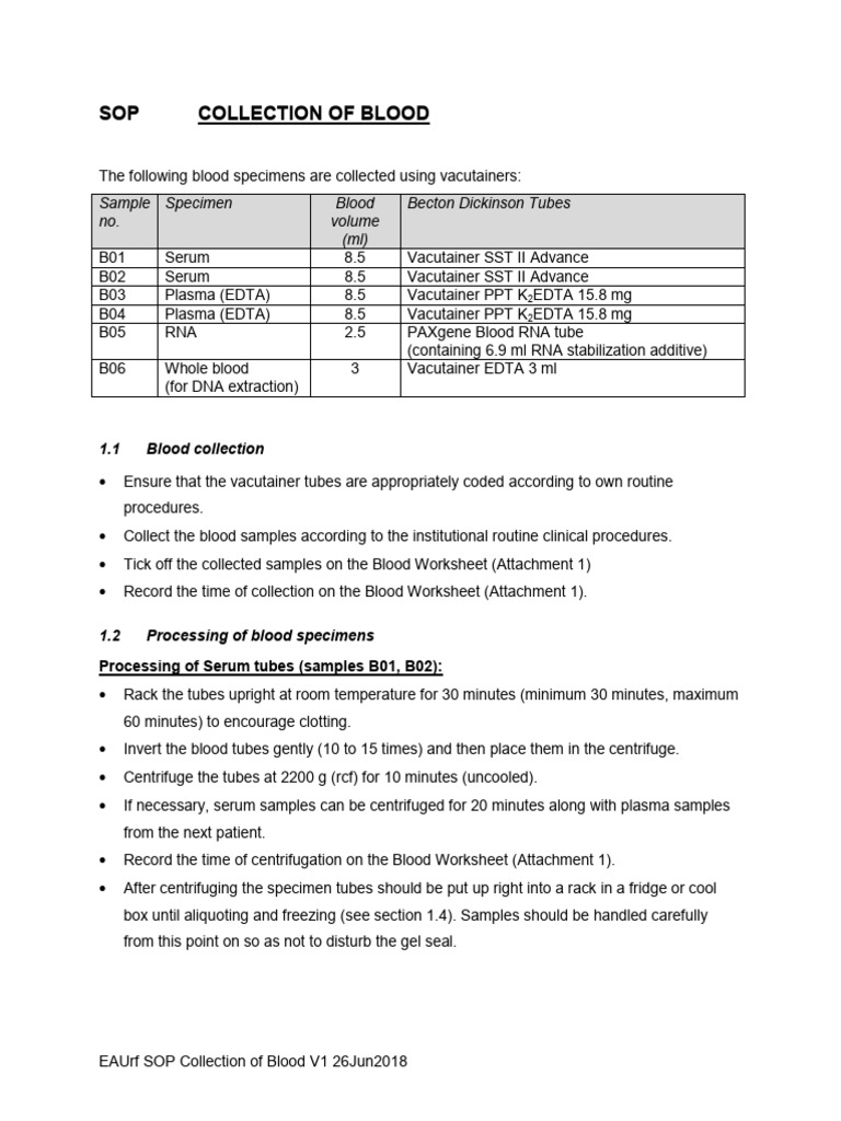 SOP EMC EAU RF Collection of Blood | PDF | Blood Plasma | Centrifuge