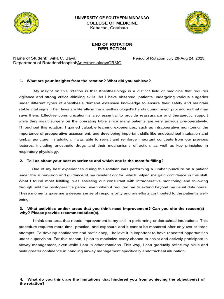 End of Rotation Reflection | PDF | Anesthesia | Clinical Medicine