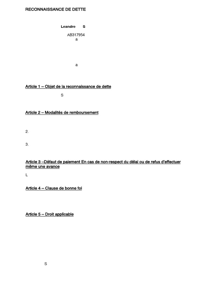 Reconnaissance de dette de 70 000 dinars | PDF