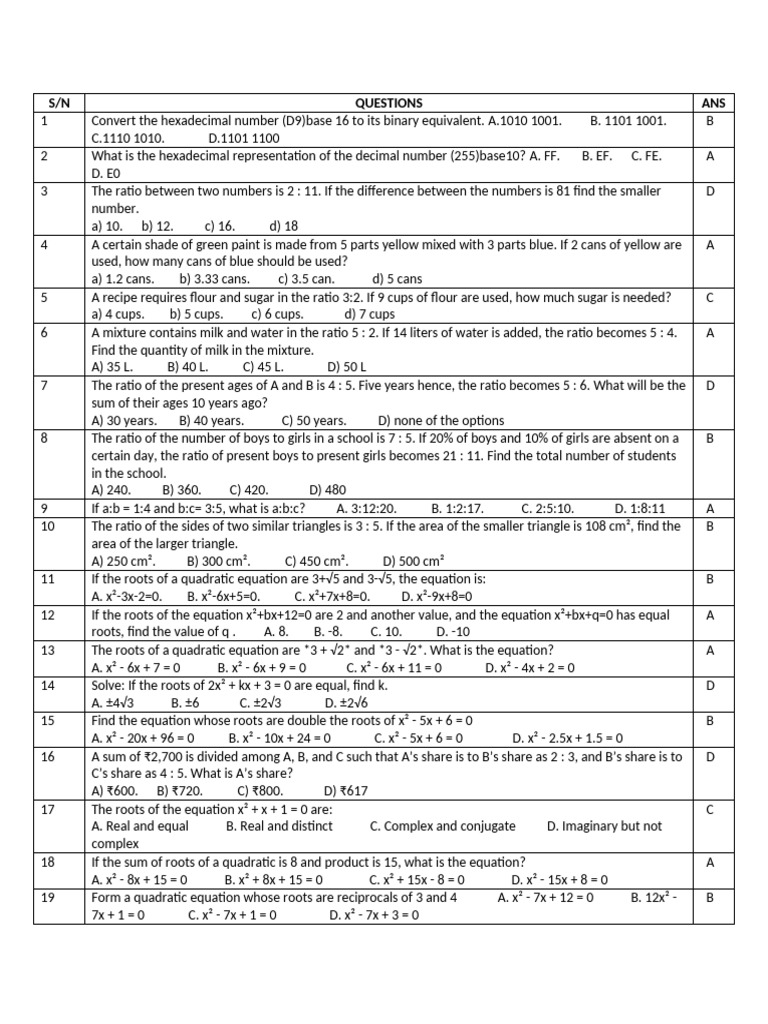 Hexadecimal and Ratio Problems | PDF | Arithmetic | Elementary Mathematics
