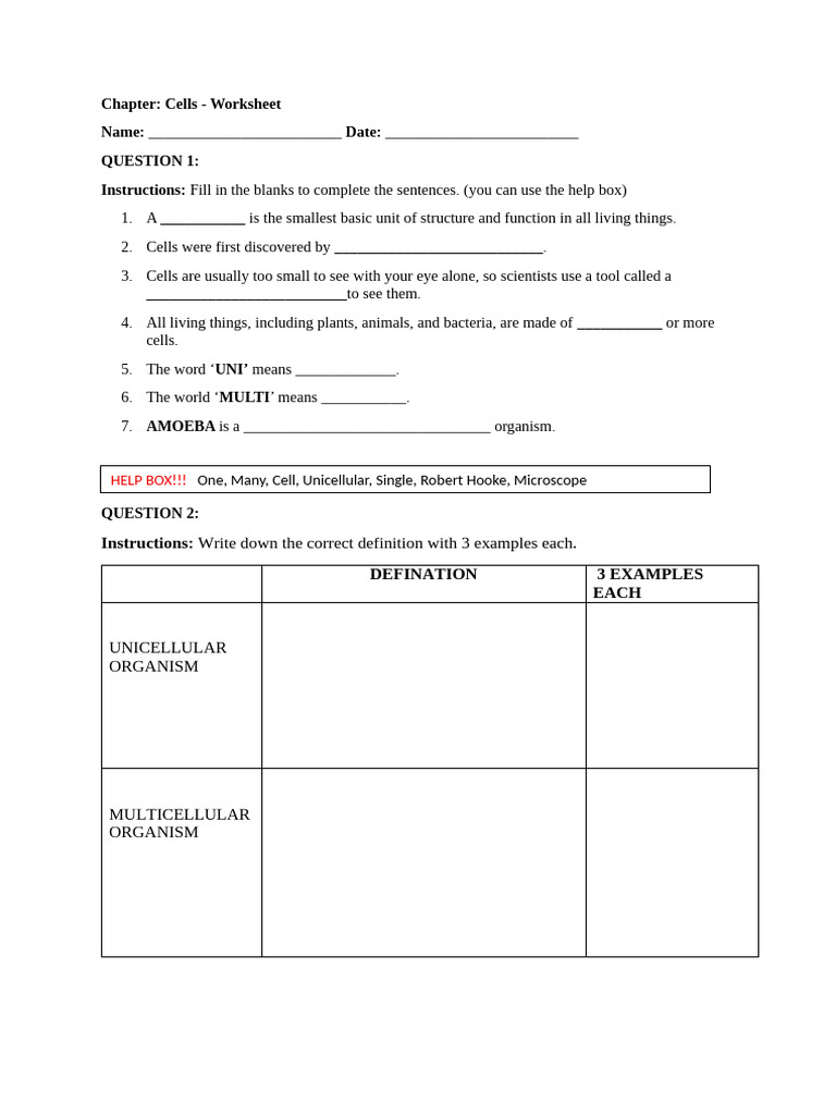 Cells Worksheet for Students | PDF