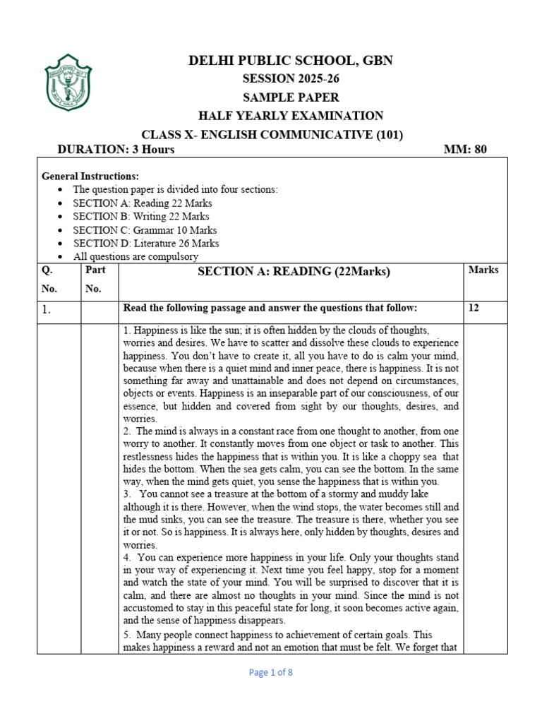 Class X English Half-Yearly Sample Paper | PDF | Thought | Happiness