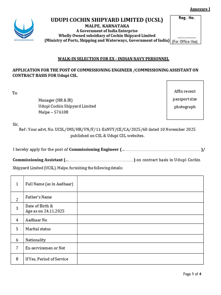 UCSL Application Form For 15 Commissioning Engineer Assistant Posts | PDF