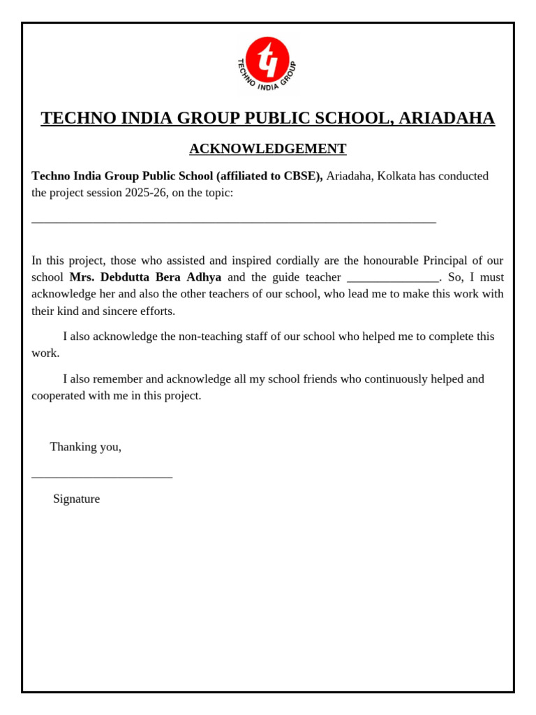 Acknowledgement for School Project 2025-26 | PDF