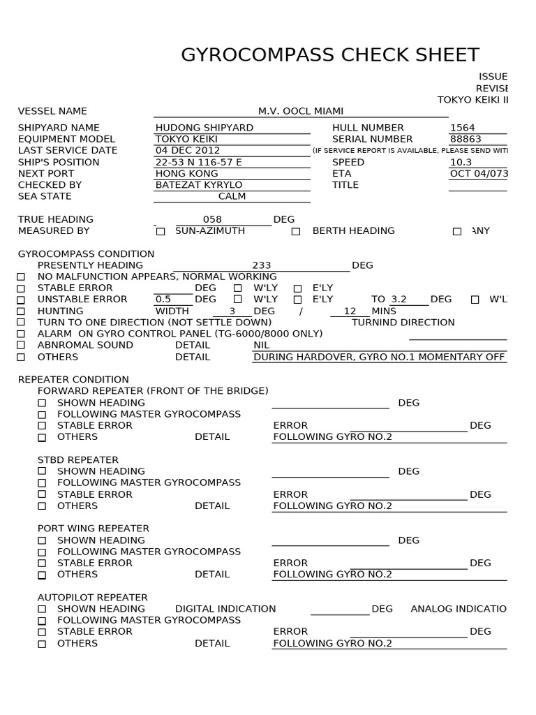 Gyrocompass Check Sheet for M.V. OOCL Miami | PDF | Water Transport ...