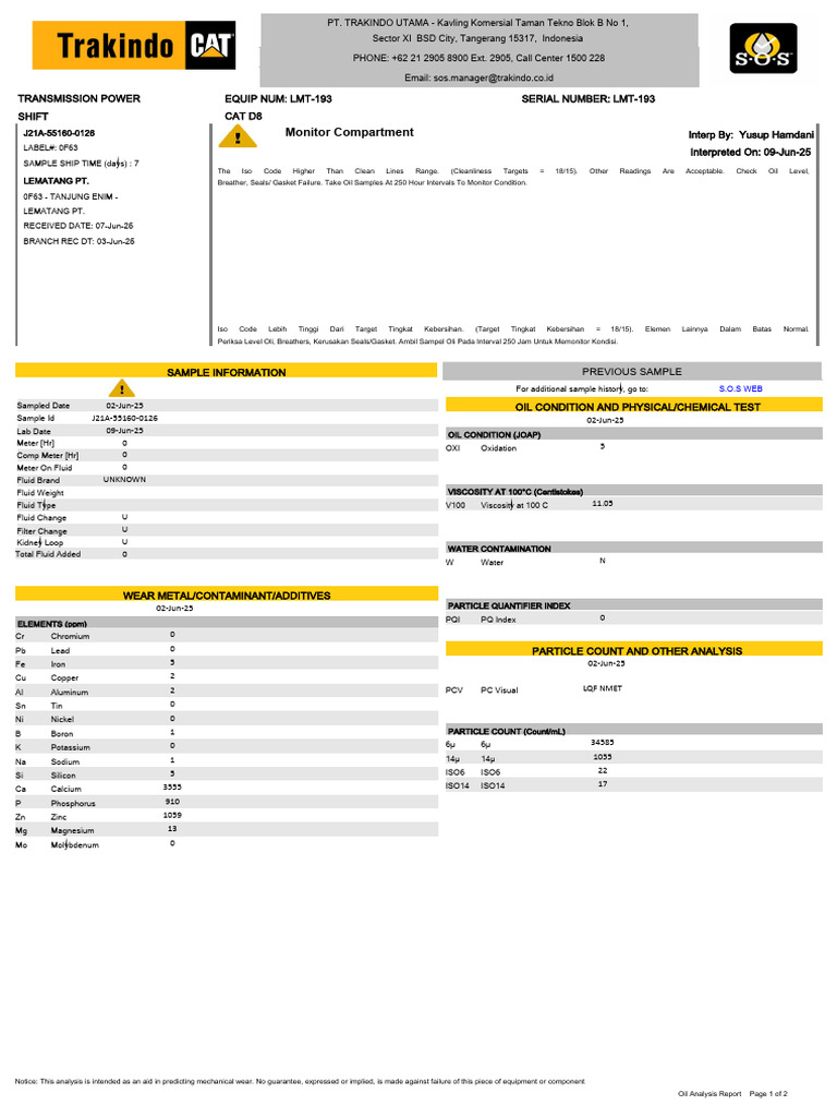 Oil Analysis Report for CAT D8 LMT-193 | PDF | Chromium | Aluminium