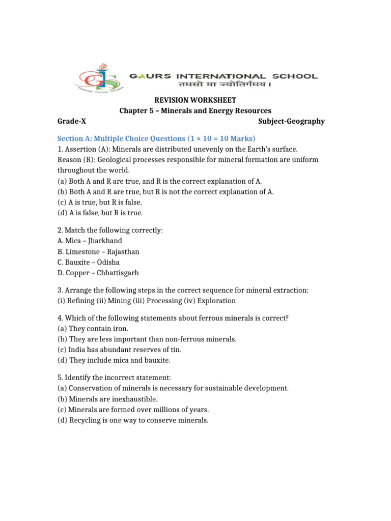Minerals and Energy Resources Worksheet | PDF | Mining | Ore