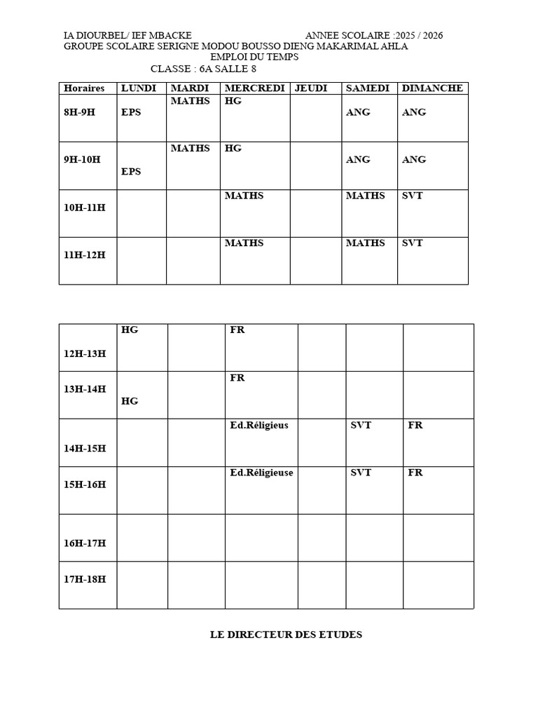 Emploi du temps 2025-2026 - Groupe Scolaire | PDF