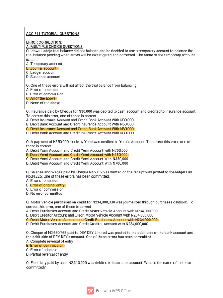 ACC 211 Error Correction Questions | PDF