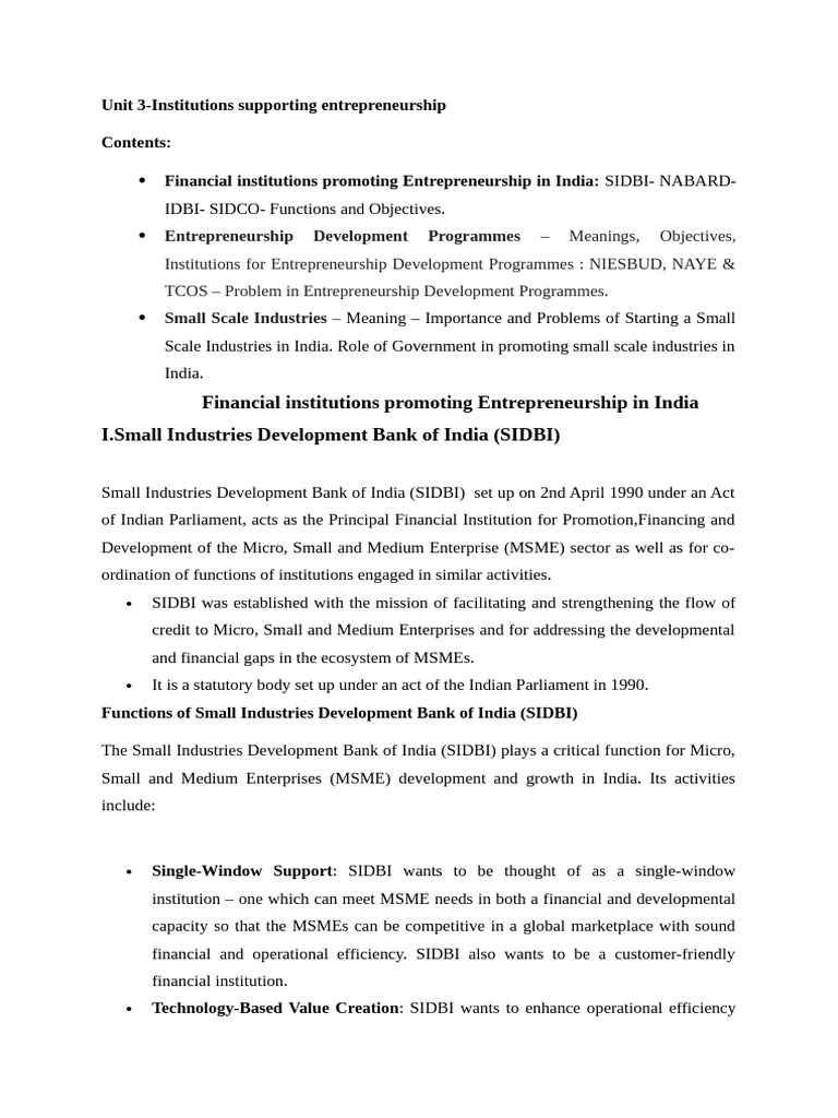 Unit III Entrepreneurship - Institutions Supporting Entrepreneurship ...