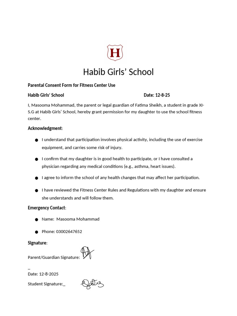 Fitness Center Consent Form | PDF