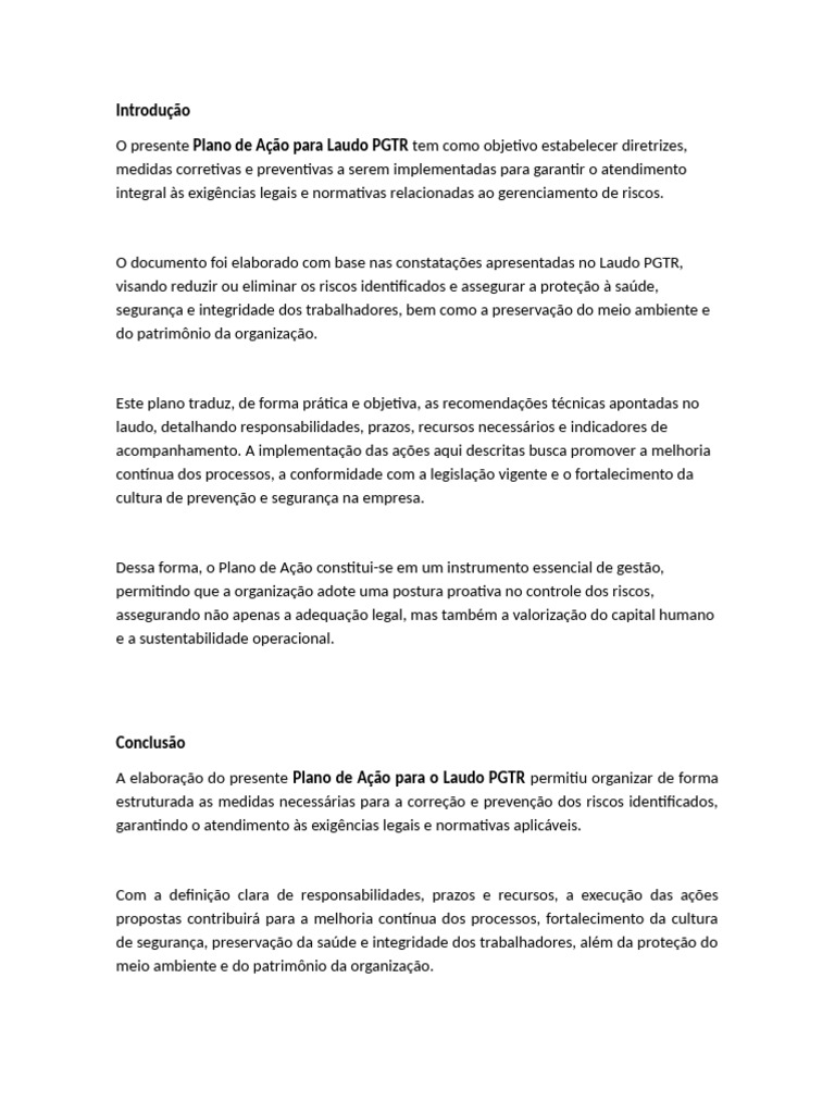 Plano de Ação para Laudo PGTR: Segurança e Riscos | PDF