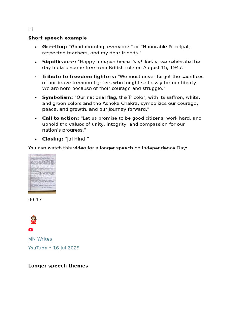 Short Speech Example Greeting: Significance: Tribute To Freedom ...