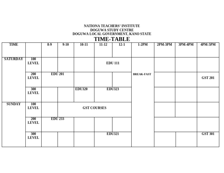 Doguwa Study Centre Class Timetable | PDF