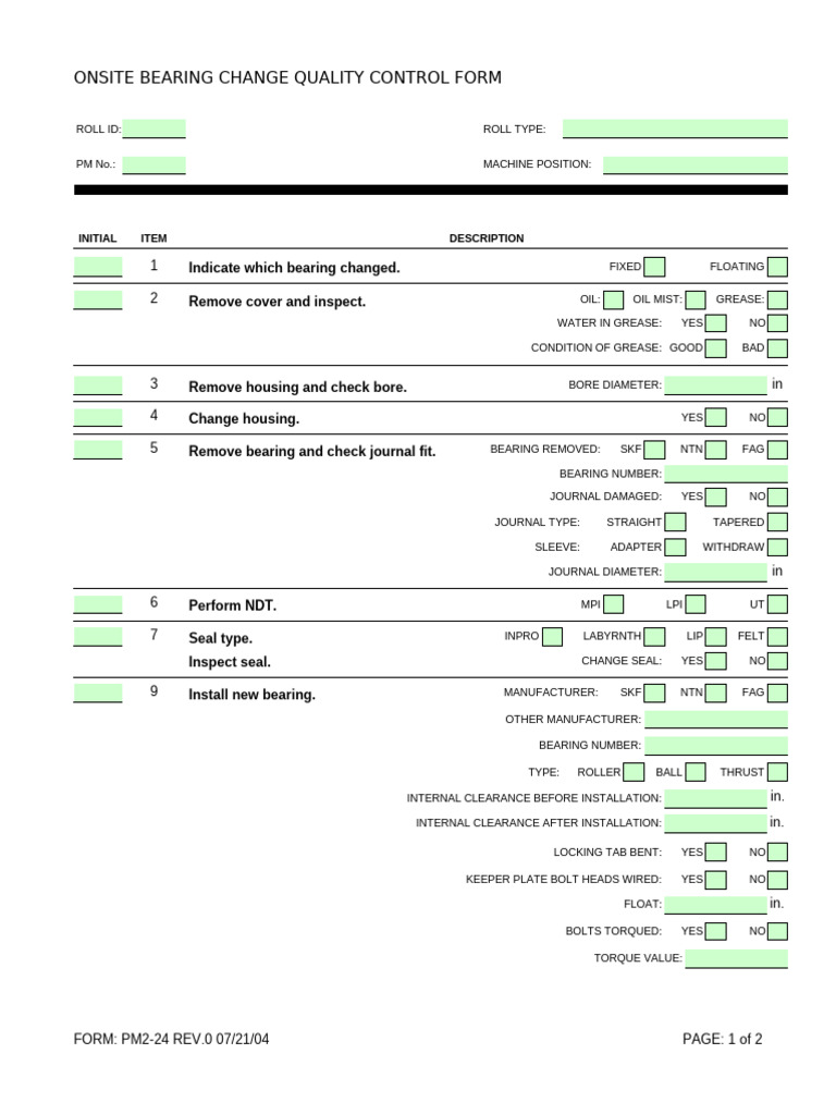 Onsite Bearing Change QC Checklist | PDF | Bearing (Mechanical ...