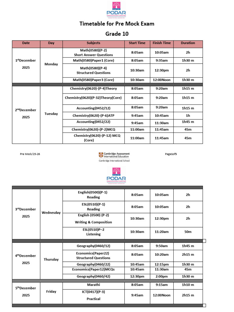 Grade 10 Pre Mock Exam Timetable | PDF