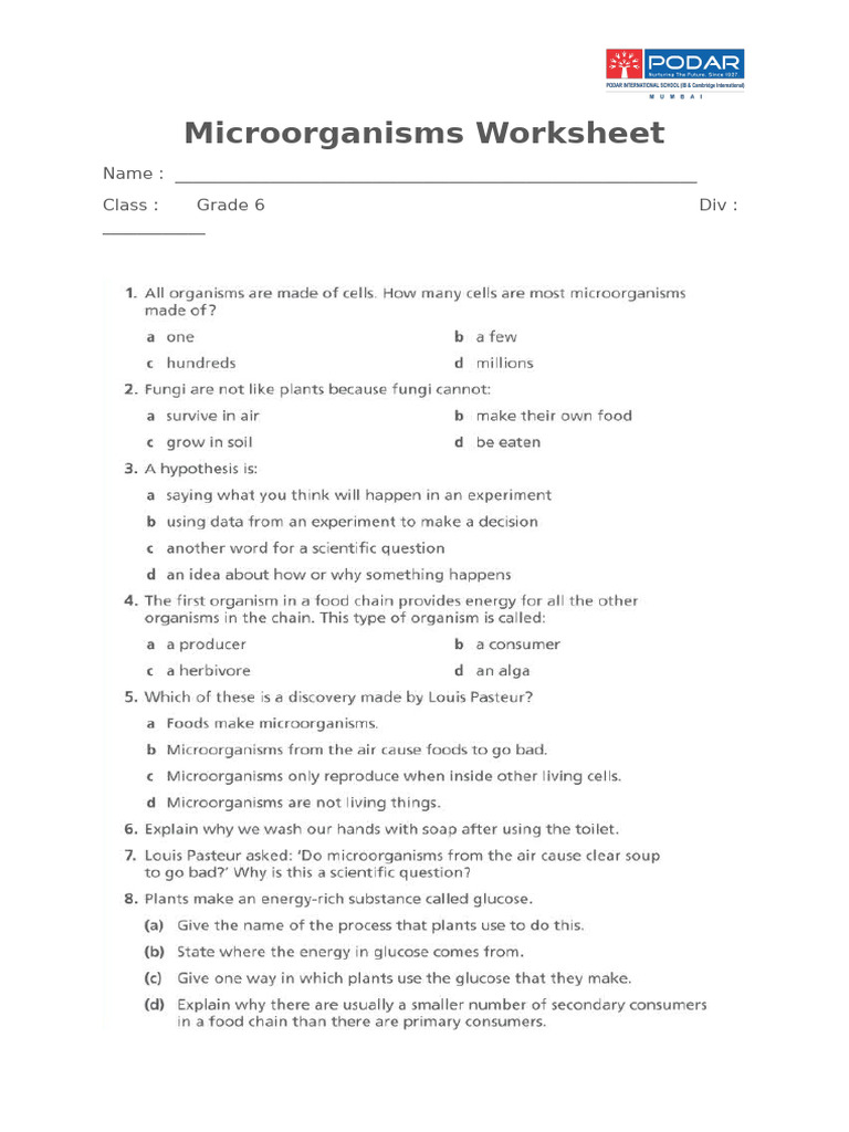 Grade 6 Microorganisms Worksheet | PDF