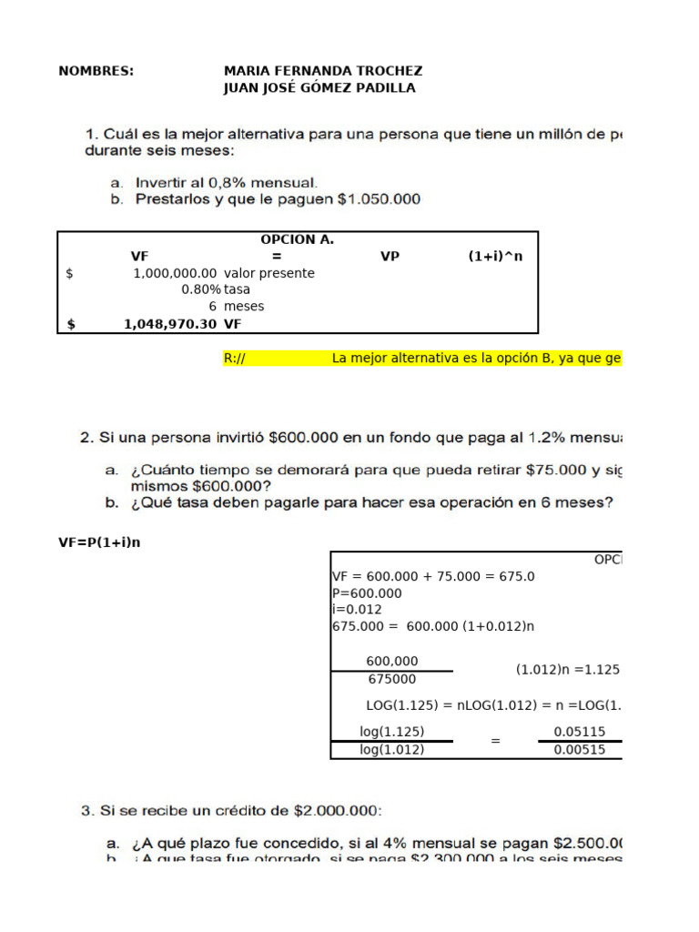 Taller Segundo Parcial - Matematica Financiera | PDF | Finanzas Matemáticas