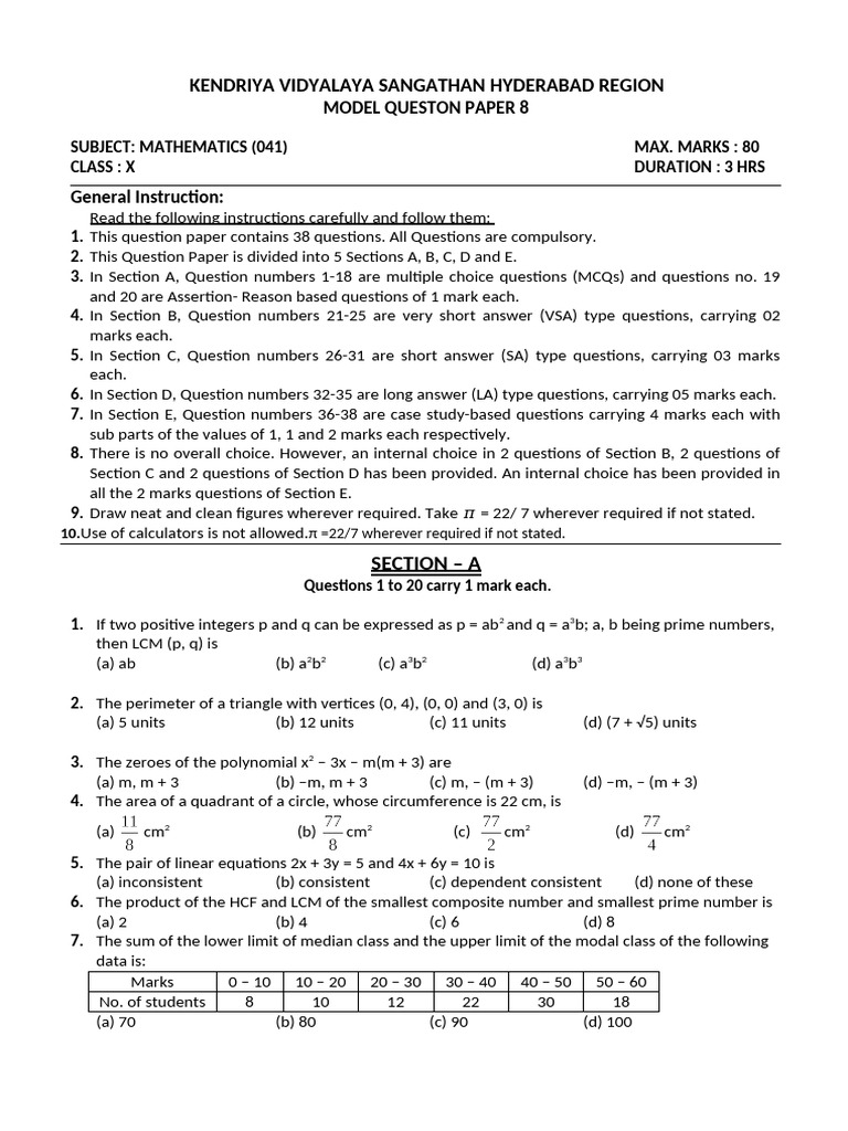 Class X Mathematics Model Question Paper | PDF | Sphere | Circle