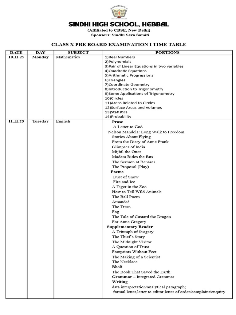 Class X Pre Board Exam Timetable 2025 | PDF | Equations | Globalization