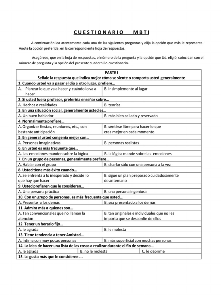 Cuestionario Mbti PDF | PDF