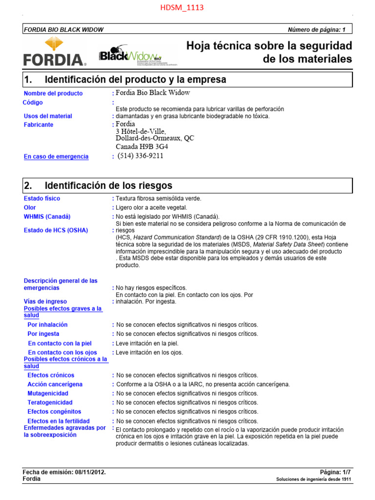 Hoja Técnica Fordia Bio Black Widow | PDF | Residuos | Agua